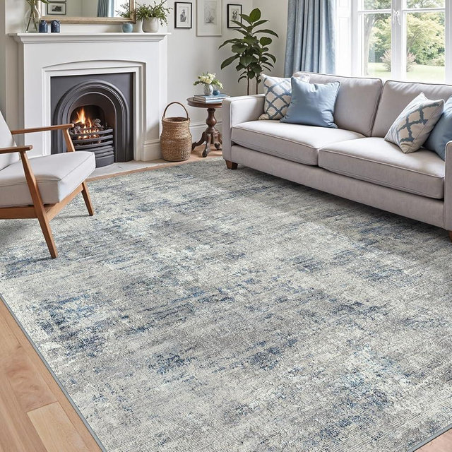 DEXI Washable Area Rug for Living Room 8x10, Modern Abstract Soft Indoor Large Rugs, Stain Resistant Low Pile Carpet with Non Slip Backing for Dining Bedroom Office, Blue