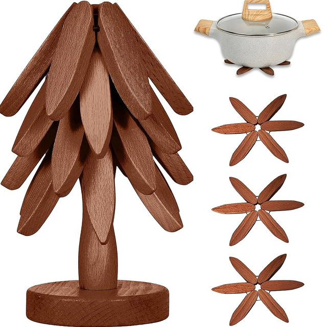 Wooden Trivets for Hot Dishes,Natural Tree Trivet Set,Foldable Wooden Trivet,Black Walnut Wooden Tree Coaster Set for Hot Dish/Pot/Bowl/teapot/hot Pot Set(4 Piece-Walnut)