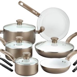 Groupe SEB - T-fal C728SE Initiatives Nonstick Ceramic Coating PTFE PFOA and Cadmium Free Scratch Resistant Dishwasher Safe Oven Safe Cookware Set, 14-Piece, Gold