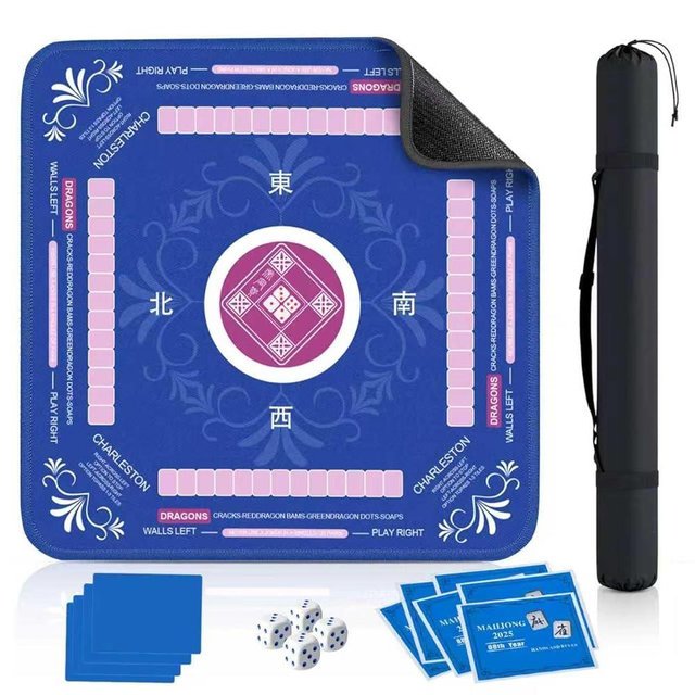 Qwiayeal Mahjong Mat (33"x33") with 6 Mahjong Playing Instructions,4Tile Mixer,4Dice & Carrying Bag,Non-Slip and Silent Travel Mahjong Set for Mahjong/Poker/Board Games/Card Games/Dominoes (Blue-1)