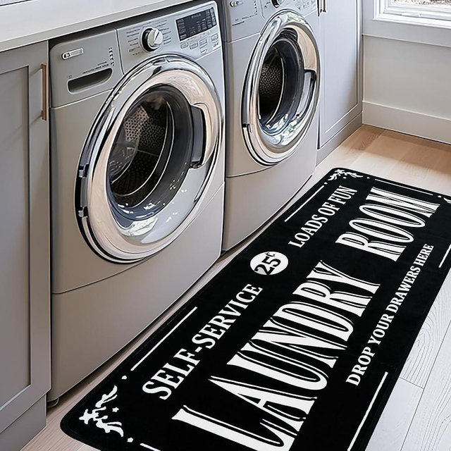 EYECY Laundry Room Rug Runner 20"X49" Non Slip TPRback Laundry Rugs for Laundry Room Decor Bordered Design Washable Runner Rugs for Kitchen Floor Laundry Room Bathroom Hallway Entryway Area Rugs-Black
