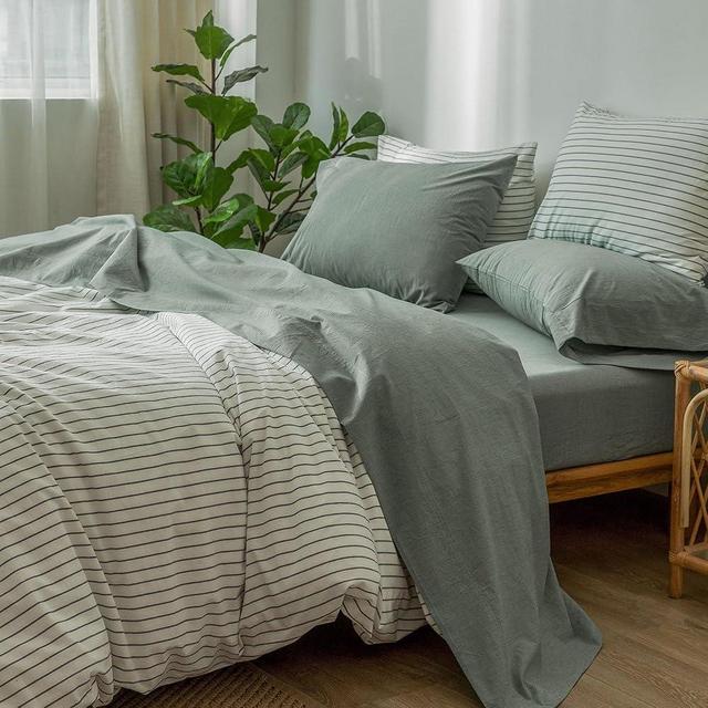 MooMee Bedding Sheet Set 100% Washed Cotton Linen Like Textured Breathable Durable Soft Comfy (Heathered Green, King)