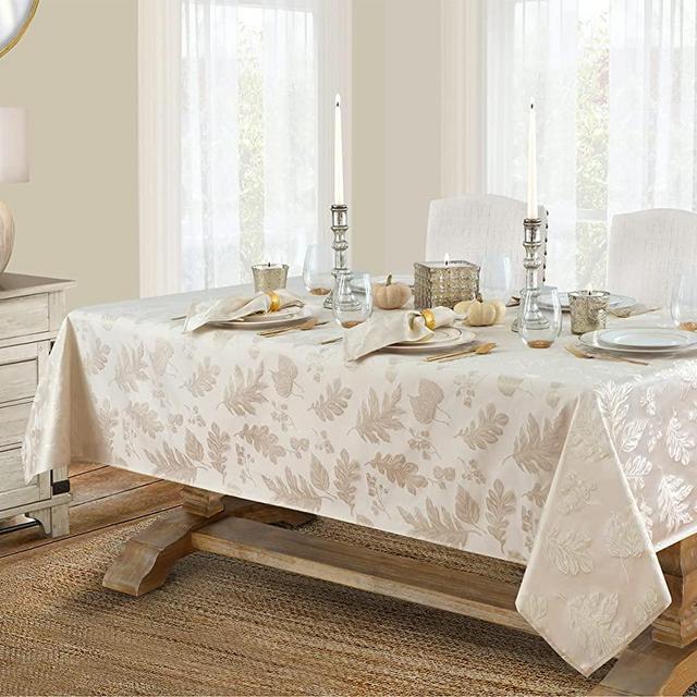 Newbridge Metallic Autumn Leaf Damask Thanksgiving Fabric Tablecloth, Fall Swirling Leaves, Soil Resistant Easy Care Tablecloth, 60” x 84” Oblong/Rectangle, Ivory/Gold