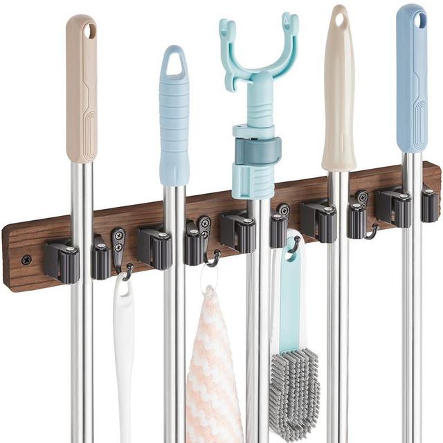 OUTNILI Mop and Broom Holder Wall Mount - Rustic Wood Broom Mop Hanger - Wall Mounted Garden Tool Rack Organizer for Closet Garage Laundry Room Kitchen Decor With 5 Slots & 4 Hooks