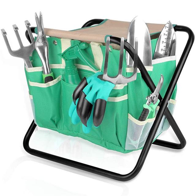 Yongkist 9 PCS All-in-one Garden Tools Set, Heavy Duty Cast-Aluminium Alloy Gardening Tools Kit with Folding Stool Seat&Detachable Canvas Tool Bag , Non-Slip Rubber Grip, Outdoor Hand Tools