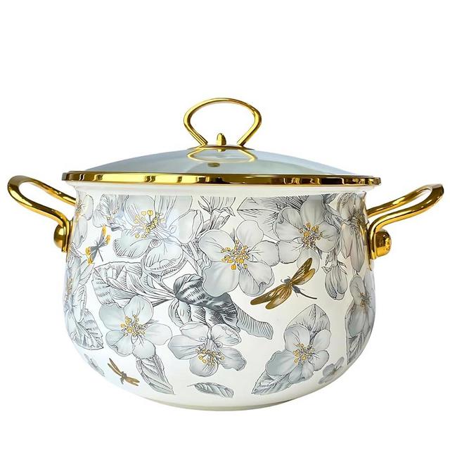 XQWANG 3-6.5L Enamel Cooking Pot with Lid,Deep Vintage Flower Stew Cooking Pot, Nonstick Thicken Saucepan with Glass Lid and Dual Handles, Large Soup Pot Safe for Induction Cookers and Stove,4.5 Quart