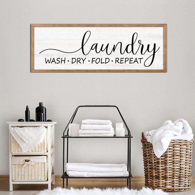 Wash Dry Fold Repeat Wooden Sign Framed Wall Art, 32''×12'' Horizontal Motivational Laundry Room Quote Wood Plaque above the Bathtub, Farmhouse Long Saying Wood Sign Wall Decor for Washing Room