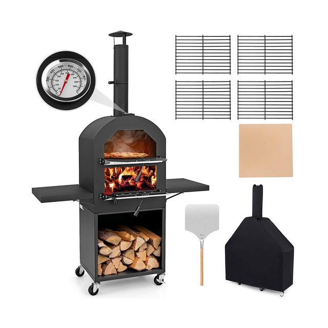 Costway Outdoor Pizza Oven Wood Fired Pizza Oven with Protective Cover 12" Pizza Stone