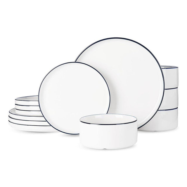 Famiware Porcelain Dinnerware Set, 12-Piece Modern Plate and Bowl Set, Dish Set for 4, Microwave and Dishwasher Safe Tableware, White with Blue Trim