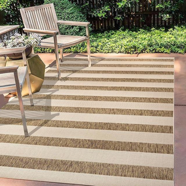 JONATHAN Y SMB112A-3 Aveiro Wide Stripe Indoor Outdoor Area Rug, Bohemian, Coastal, Mediterranean Easy Cleaning,Bedroom,Kitchen,Backyard,Patio,Non Shedding, Beige/Brown, 3 X 5