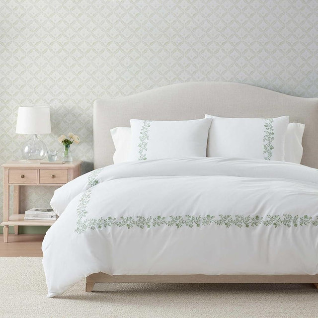 Martha Stewart - King Comforter Set, Soft Cotton Front with a Smooth Cotton Percale Reverse, 3 Piece Bed Set with Matching Pillowcases (Garden Path Embroidery Green)