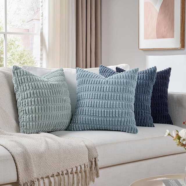 Fancy Homi Set of 4 Blue Decorative Throw Pillow Covers 16x16 Inch for Couch Bed Chair, Modern Farmhouse Boho Room Decor, Soft Fuzzy Corduroy Textured Striped Coastal Blue Cushion Case 40cm