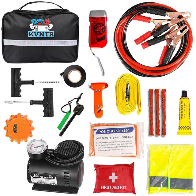 KVNTR Roadside Emergency Car Kit – Emergency Car Kit with Jumper Cables, LED Flares, Tire Inflator, First Aid Kit, Tow Strap & More – Complete Vehicle Safety Kit for Roadside Emergencies