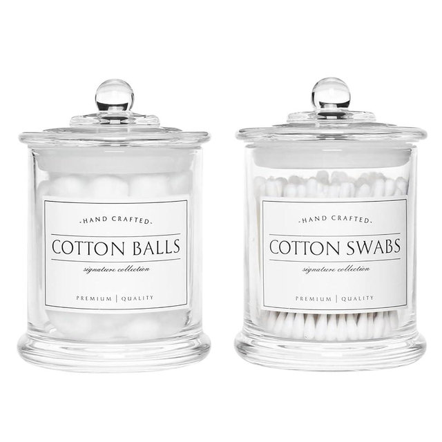 Volisnova 2 Pack Farmhouse Apothecary Jars with Lids - Glass Qtip Dispensers and Cotton Ball Holders for Bathroom Vanity Storage and Organization with 8 Pcs Wterproof Labels (Clear Glass)