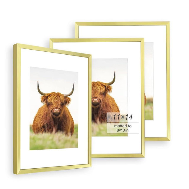 Golden State Art, 11x14 Picture Frame Set of 3, Gold Thin Border Photo Frame, Display Pictures 8x10 with Mat or 11x14 Without Mat, Gold Frame for Wall Hanging Horizontal and Vertical