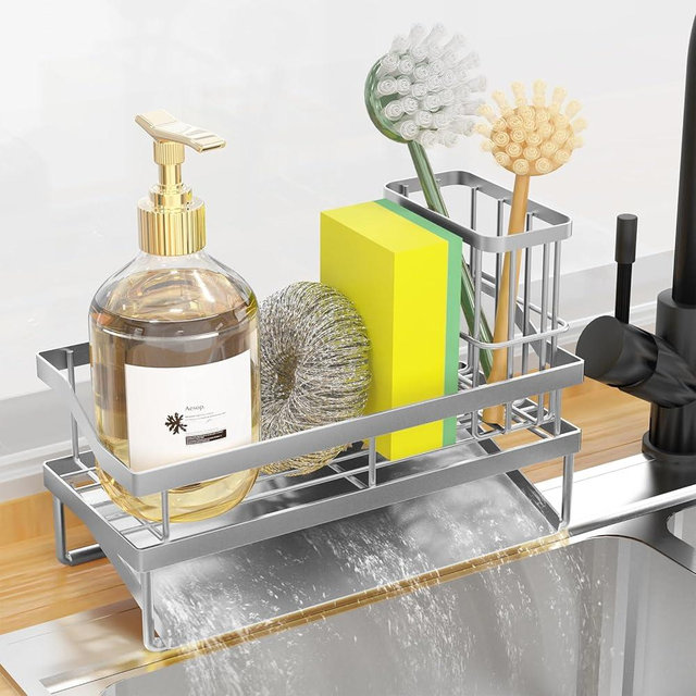 Youfala Kitchen Sink Caddy Organzier and Storage Sponge Holder for Sink with High Brush Holder, Rustproof 304 Stainless Kitchen Gadgets Dish Sponge Organizer (Lacquer Silver)