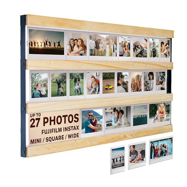Tapeera Wood Multi Photo Collage Frame For Wall Compatible with Fujifilm Instax Mini Film, Instax Wide & Square - Up to 27 Photos - 3-Tier Rail Mini Picture Frame - Not Compatible with Polaroid Film