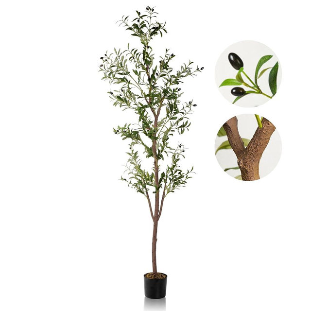 Biracx Artificial Olive Tree 7FT Tall Indoor Plant, Silk Faux Olive Tree for Home and Office Decor, Fake Potted Olive Tree with Natural Wood Trunk and Lifelike Fruits, 1 Pack