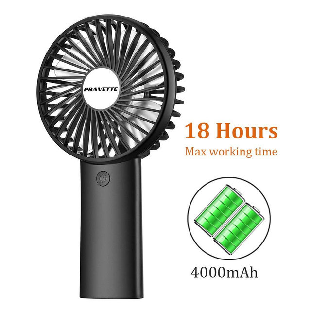 Portable Handheld Fan, PRAVETTE Mini USB Personal Fan with 4000mAH Rechargeable Batteries, 8-18 Hours Working Time, 3 Speed Settings for Office Home Outdoor Travel (Black)