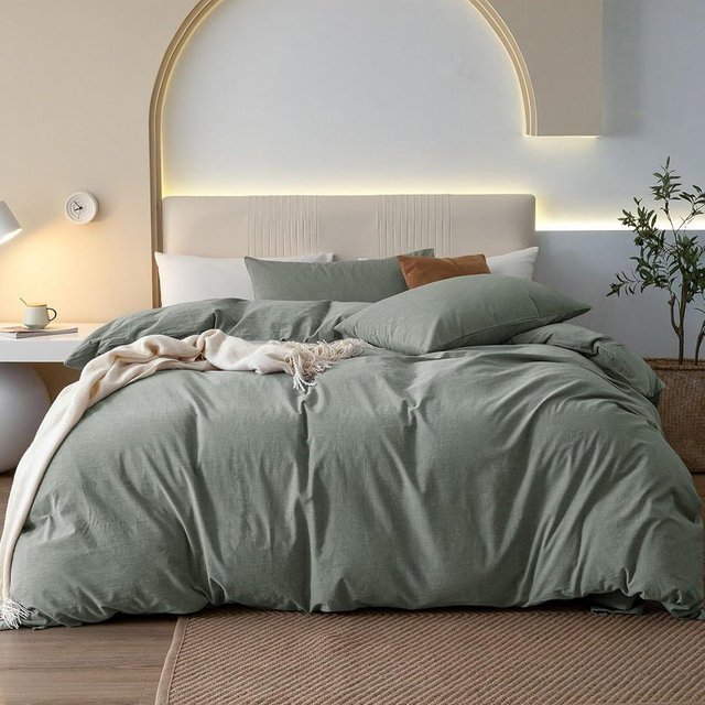 JIYUAN 100% Washed Cotton Duvet Cover Set 3 Pieces Oversized King, 1 Duvet Cover 120x98 Inches(Comforter Not Included) and 2 Pillowcases,Linen Feel Bedding Set Comfy and Breathable, Heathered Green