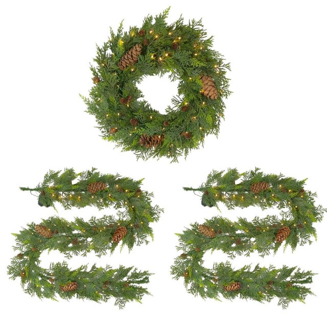 Sunny Bay Atelier 24-Inch Wreath and 2PC 6 feet Garland Set! Natural Looking, Each with 50 Color-Changing LED Lights! Battery Operated with Timer. Christmas Set!