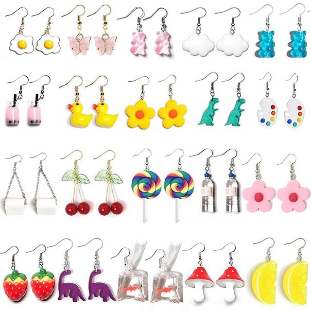 20 Pairs Weird Earrings Funny Earrings Gummy Bear Duck Water Bottle Fish Dinosaur Mushroom Butterfly Strawberry Dangle Earrings Set for Women Girls