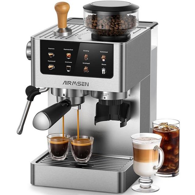 AIRMSEN Espresso Machines with Burr Grinder, 20 Bar, Milk Frother Steam Wand, Stainless Steel Coffee Maker for Home - Cappuccino Latte & ​​Cold Brew​​ Iced Coffee Maker & Americano