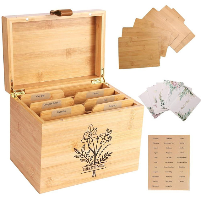 Large Bamboo Greeting Card Organizer Box with 6 Removable Dividers, Real Leather Handle, 100% Handmade Solid Bamboo, Storage Box for Christmas, Valentine, & Birthday Cards, Postcards, Stationery