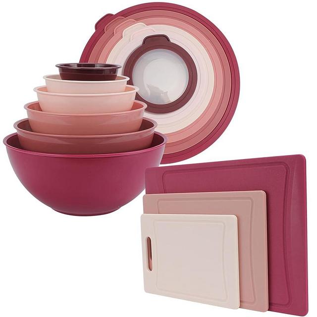 COOK WITH COLOR Mixing Bowl and Cutting Board Bundle- 6 Mixing Bowls with Airtight Lids and 3 Plastic Cutting Boards in Rose Colors