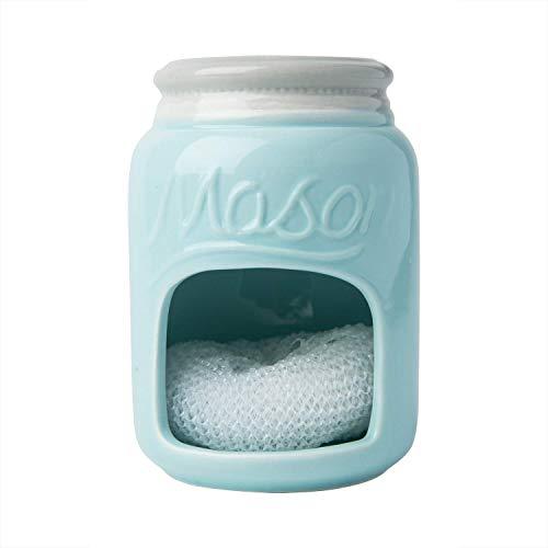 Ceramic Kitchen Sponge Holder Sink Caddy – Kitchen Décor And Accessories Farmhouse Style - Country Kitchen Sink Décor Rustic– Mason Jar Décor Sponge Holder – Scrubby Holder- Aqua Blue