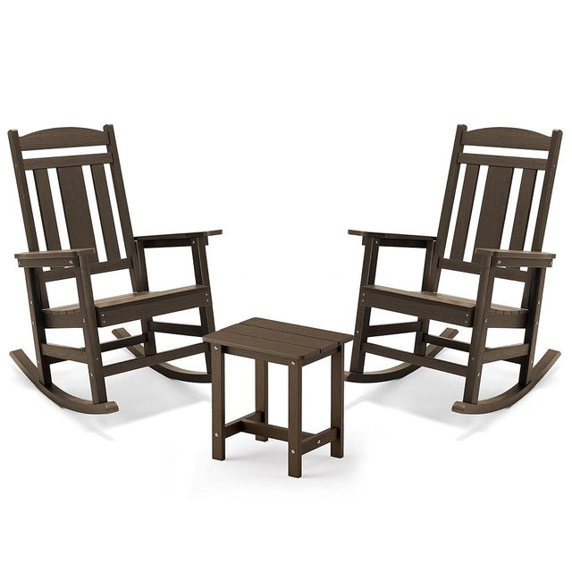 LUE BONA Outdoor Rocking Chairs Set, 3-Piece, Poly Porch Rockers with Table, Plastic Weather Resistant Rocking Chair Set for Outdoor Indoor, Garden, Backyard, 350lb, Brown, Chairs+Table