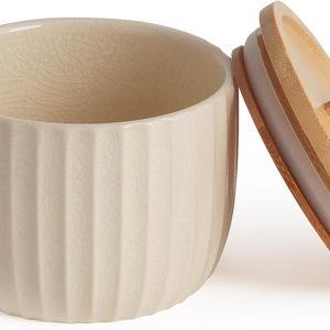Salt Cellar Keeper with Bamboo Lid, 14oz Big Capacity Ceramic Sugar Bowls Pepper Box, Crackle Glaze Seasoning Container Condiment Pot for Kitchen, (Cream Color), 4″×4″