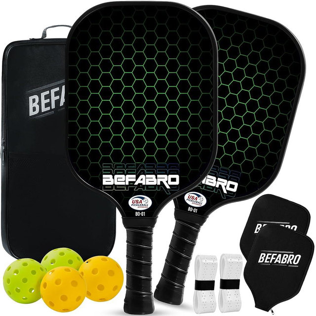 BeFabro Pickleball Paddles Set of 2 | USAPA Approved Fiber Glass Pickleball Paddles with 4 Pickle Balls, 2 Paddle Covers, 2 Grip Tapes & Carry Bag | Pickle Ball Rackets for Men, Women, Beg & Experts