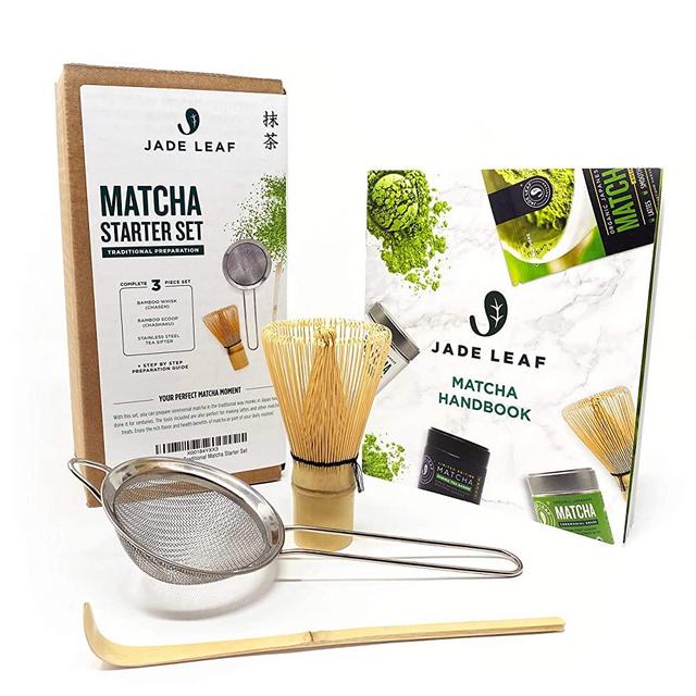 Jade Leaf - Traditional Matcha Starter Set - Bamboo Matcha Whisk (Chasen), Scoop (Chashaku), Stainless Steel Sifter, Fully Printed Handbook - Japanese Tea Set