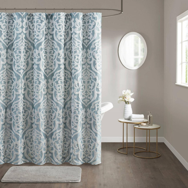 72"x72" Eliot Jacquard Shower Curtain Aqua/Silver - Madison Park: Polyester, Buttonhole Top, Easy Care