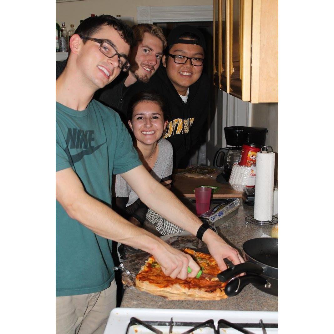 Pizza night with the gang- Aaron's first apartment.