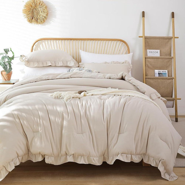 JANZAA Queen Size Comforter Beige Ruffle Comforter Set for Queen Bed 3PCS (1 Off White Comforter and 2 Pillowcases) Vintage Shabby Chic Bedding Soft Fluffy Bed Set for All Season