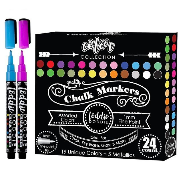 Loddie Doddie Liquid Chalk Markers | Dust Free Chalk Pens - Perfect for Chalkboards, Blackboards, Windows and Glass | 1mm Fine Point Tip Erasable Ink (Pack of 24)