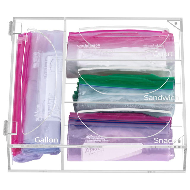 FEMELI Ziplock Food Bag Storage Organizer, Acrylic Kitchen Drawer Baggie Box for Ziploc, Solimo, Hefty, Glad, Compatible with Gallon, Slider Quart, Freezer, Sandwich, Snack, Variety Size Bags(Clear)