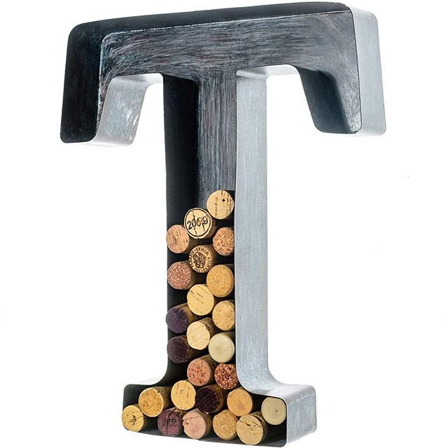 Wine Cork Holder - Metal Monogram Letter (T), Brushed Metal, Large | Wine Lover Gifts, Housewarming, Engagement & Bridal Shower Gifts | Personalized Wall Art | Home Décor