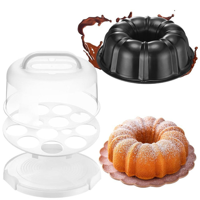Blushtier 10 Inch Bundte Cake Pan Nonstick with 12 Inch Cake Carrier Container for Easy Transportation Carbon Steel Fluted Tube Round Baking Pan Mold for Oven, Jelly Mold, Flan, Gelatin, Chocoflan