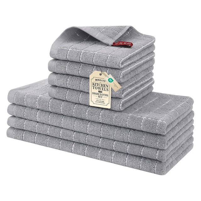 Homaxy Kitchen Towels and Dishcloths Set, 12 x 12 and 13 x 28 Inches, Set of 8 Bulk Cotton Terry Kitchen Towels Set, Checkered Designed, Soft and Super Absorbent Dish Towels, Light Grey