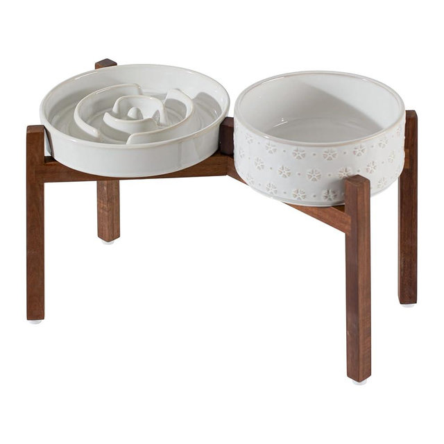 Havniva Ceramic Raised Slow Feeder Dog Bowl Set, Elevated 7.3inch Bowl and 8.2inch Dish with Acacia Wood Stand for Medium and Large Dog(2X Reactived Glaze -White+ Stand)