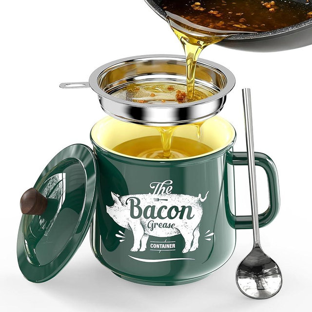 PGYARD Ceramic Bacon Grease Saver With Strainer - 23OZ Bacon Grease Container Farmhouse Keeper For Kitchen Fat Storage-Green