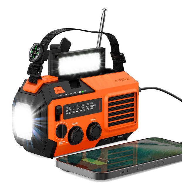 FosPower Solar Hand Crank Radio for Weather Emergency with AM/FM/WB Flashlight, Reading Lamp, SOS Alarm, IPX3, & 5,200mAh Power Bank - Orange