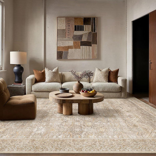 HUGEAR 6x9 Area Rugs Retro Beige Washable Rug for Living Room Vintage Boho Bedroom Rug No Shedding Soft Durable Low Pile Carpet Non Slip Indoor Home Decor Floor Mat