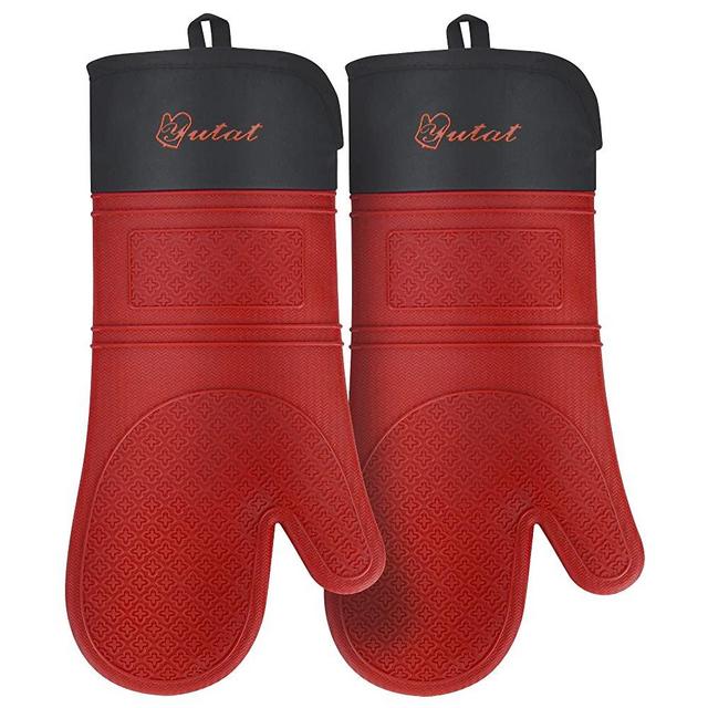 YUTAT Silicone Oven Mitts – Waterproof and Heat Resistant Oven Mitt Set – Kitchen Accessories with Non-Slip Design and Food Grade Silicone – Easy to Clean – Extra Long Cooking Gloves - Red