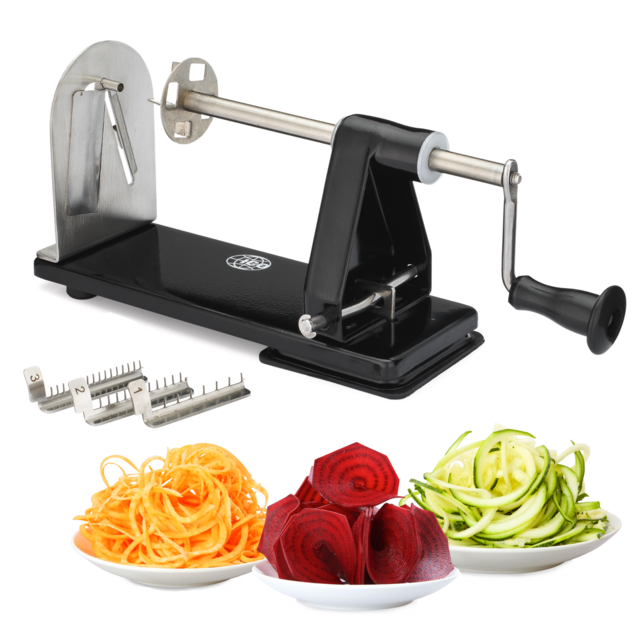 ICO 4-Blade Steel Vegetable Spiralizer Slicer and Curly Fry Cutter, Zoodles Maker with 3 Stainless Steel Interchangeable Blades and 1 Built-In & Non-Slip Technology, Black