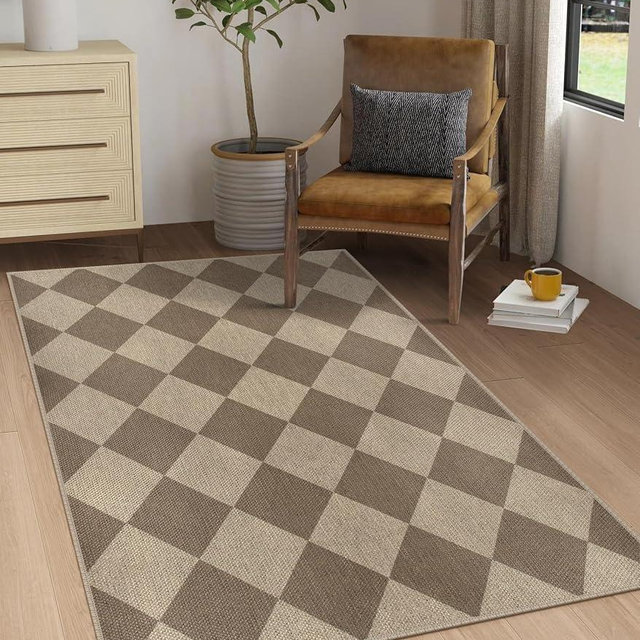 Rugalia Easy Jute Checkered Area Rug, 3x5 Indoor Outdoor Entryway Rug Washable Brown Modern Diamond Kitchen Rugs, Non-Slip Neutral Farmhouse Throw Carpet for Living Room Patio Kids Room