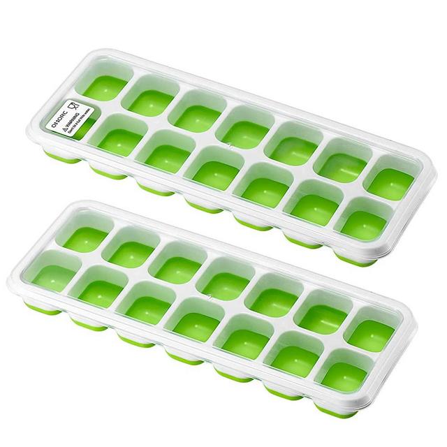 OMorc Ice Cube Trays 2 Pack, Easy-Release Silicone and Flexible 14-Ice Trays with Spill-Resistant Removable Lid, LFGB Certified and BPA Free, Stackable Durable and Dishwasher Safe Green
